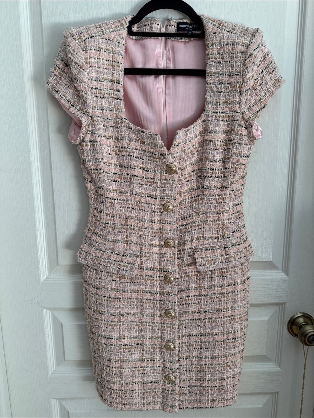 Generation Love Pink Tweed Button-Front Dress with Gold Buttons